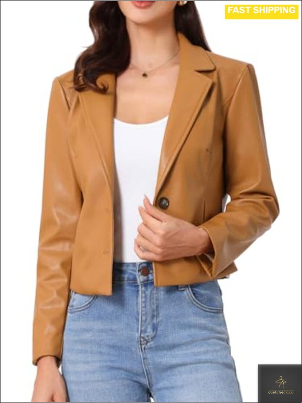 Faux PU Leather Cropped Motorcycle Jacket Button Down Moto Biker Coat